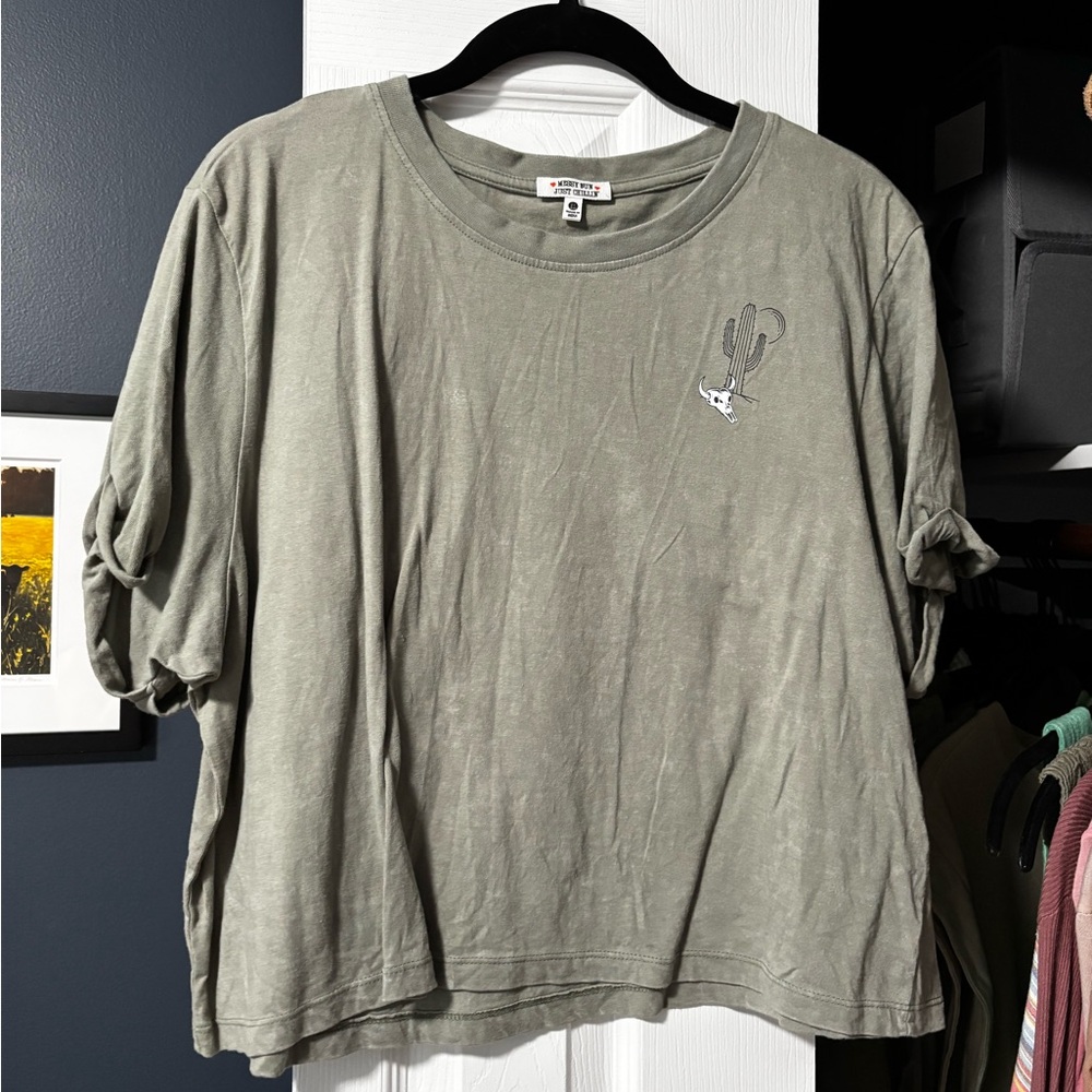 Women's Sage Green Short Sleeve Top with Cactus Embroidery